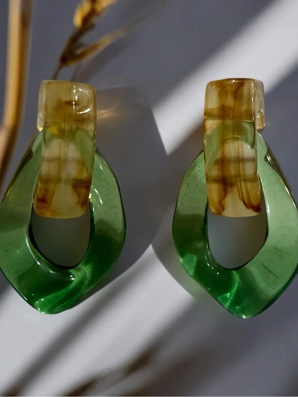 Green and Amber Resin Drop Earrings